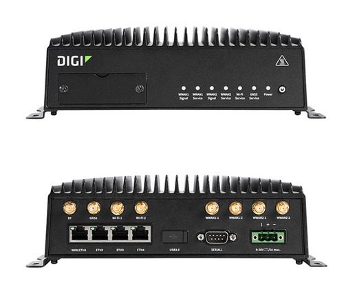 Front and rear views of the Digi TX54 mobile router showing ports and indicator lights.
