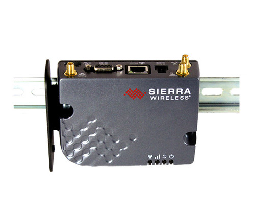 Sierra Wireless device mounted on a DIN rail using a BRKT-RV50 bracket.