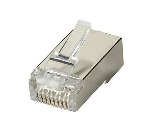 A shielded CAT 6A RJ45 modular plug with gold contacts.