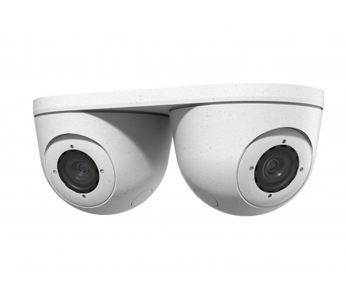 A dual-lens white security camera with a shared mounting base.
