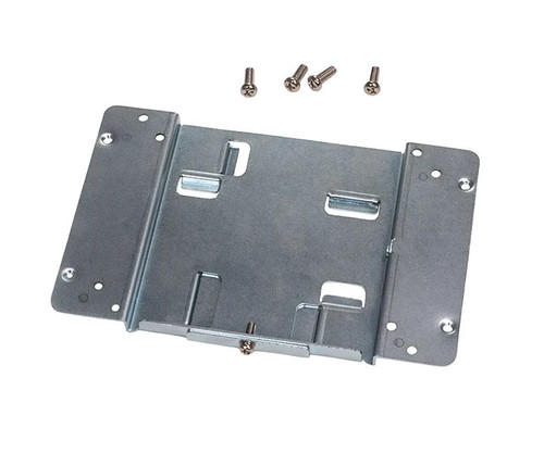 Metal DIN-rail mounting bracket with four small screws above it.