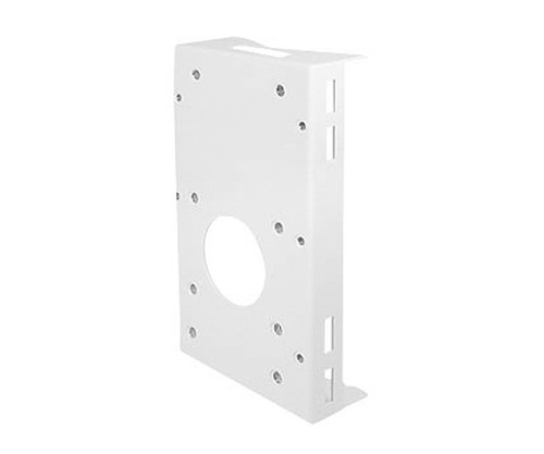 A white metal pole mount bracket with multiple screw holes and a central opening.