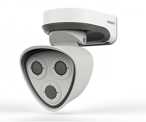 M73 High Performance IoT Camera mounted on a wall, featuring three lenses.