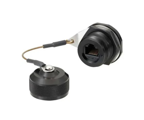 Waterproof RJ45 connector with a protective cap attached by a lanyard.