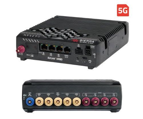 Front and back panels of the XR80 5G Cellular Router with multiple antenna and network ports.