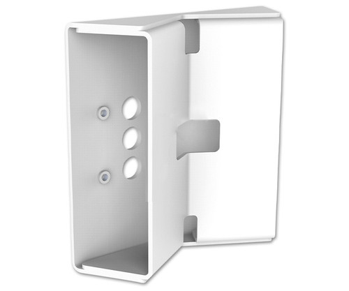 White pole mount bracket with mounting holes and curved attachment surfaces.