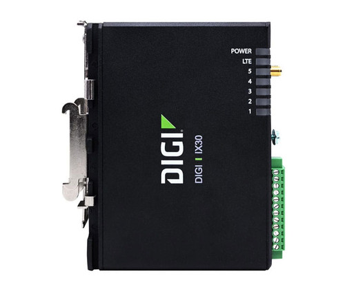 Side profile of a black Digi IX30 industrial router with status lights and a green terminal block.