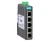 Moxa EDS-205 unmanaged industrial Ethernet switch with five RJ45 ports and green power connector.