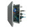 An open industrial enclosure displays internal networking hardware and cable connections.