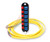 A fiber optic connector housing with six blue dual-port adapters and yellow pigtails.