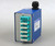 Blue DIN rail fiber patch panel with 24 aqua LC-duplex fiber optic ports.