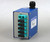 Blue DINSpace SNAP fiber patch panel with stacked fiber optic port adapters.