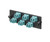 Black fiber optic patch panel with six aqua-colored duplex LC fiber adapters.