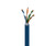 Blue copper ethernet cable with four twisted pairs exposed, featuring silver shielding.