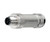 Metallic M12 male connector with a threaded screw locking mechanism and visible pins.