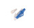 SC optical fiber connector with blue body, transparent cover, and white boot.