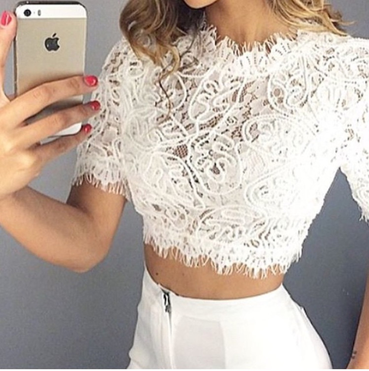 Hollow Out Crop Top Solid Pattern Lacey Top Sexy Lace Women Tops