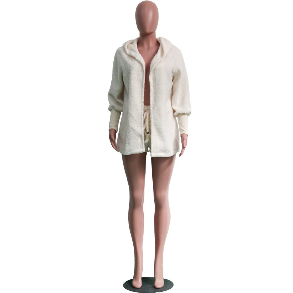 Casual Loose Solid Color Long Sleeve Shorts Two-piece Suit
