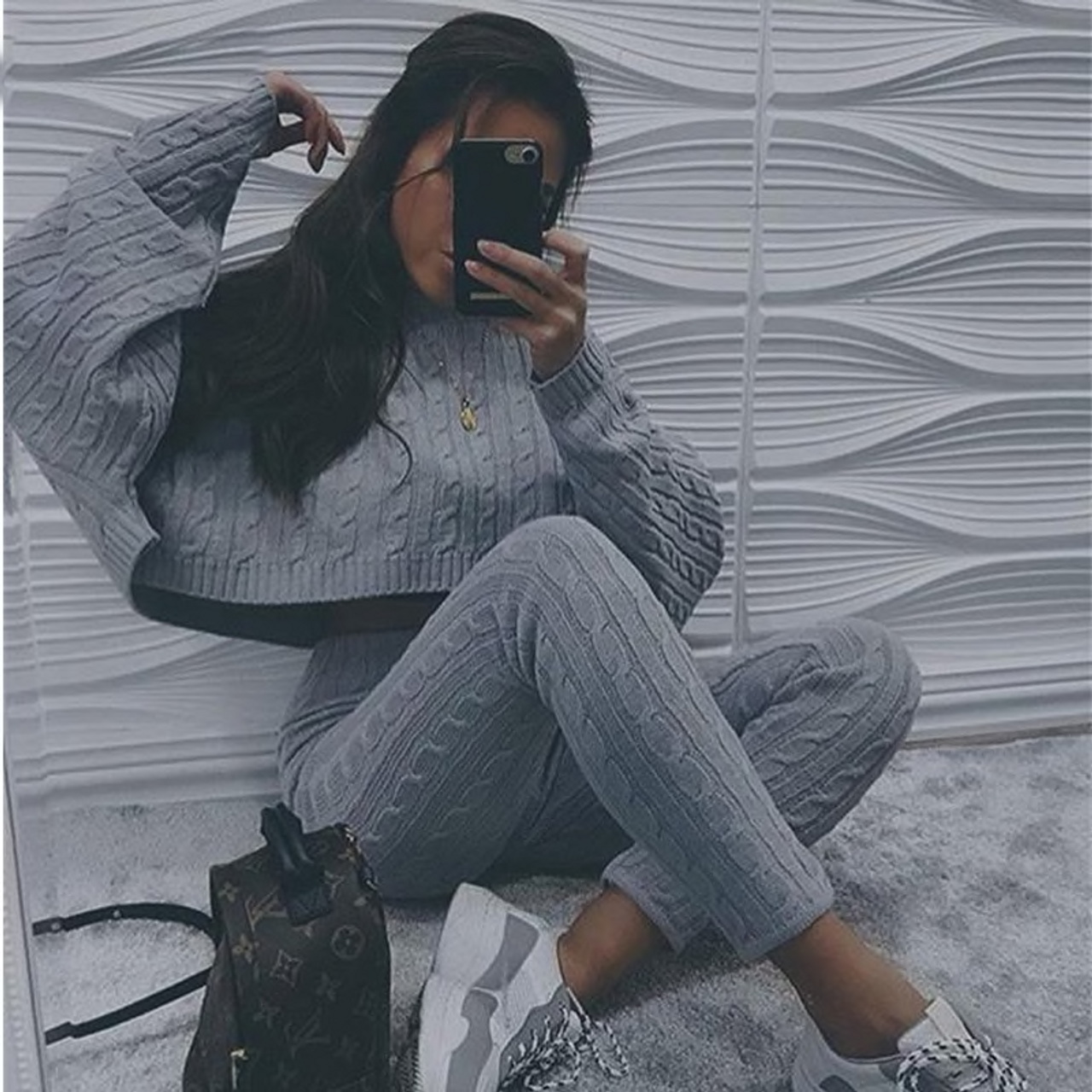 Winter Casual Gray 2 Two Piece Sets Tracksuits Women Pants Sets