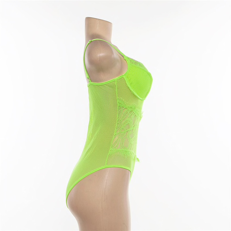 Neon Green Eyelashes Lace Sheer Bodysuit Summer Sexy Backless Jumpsuit