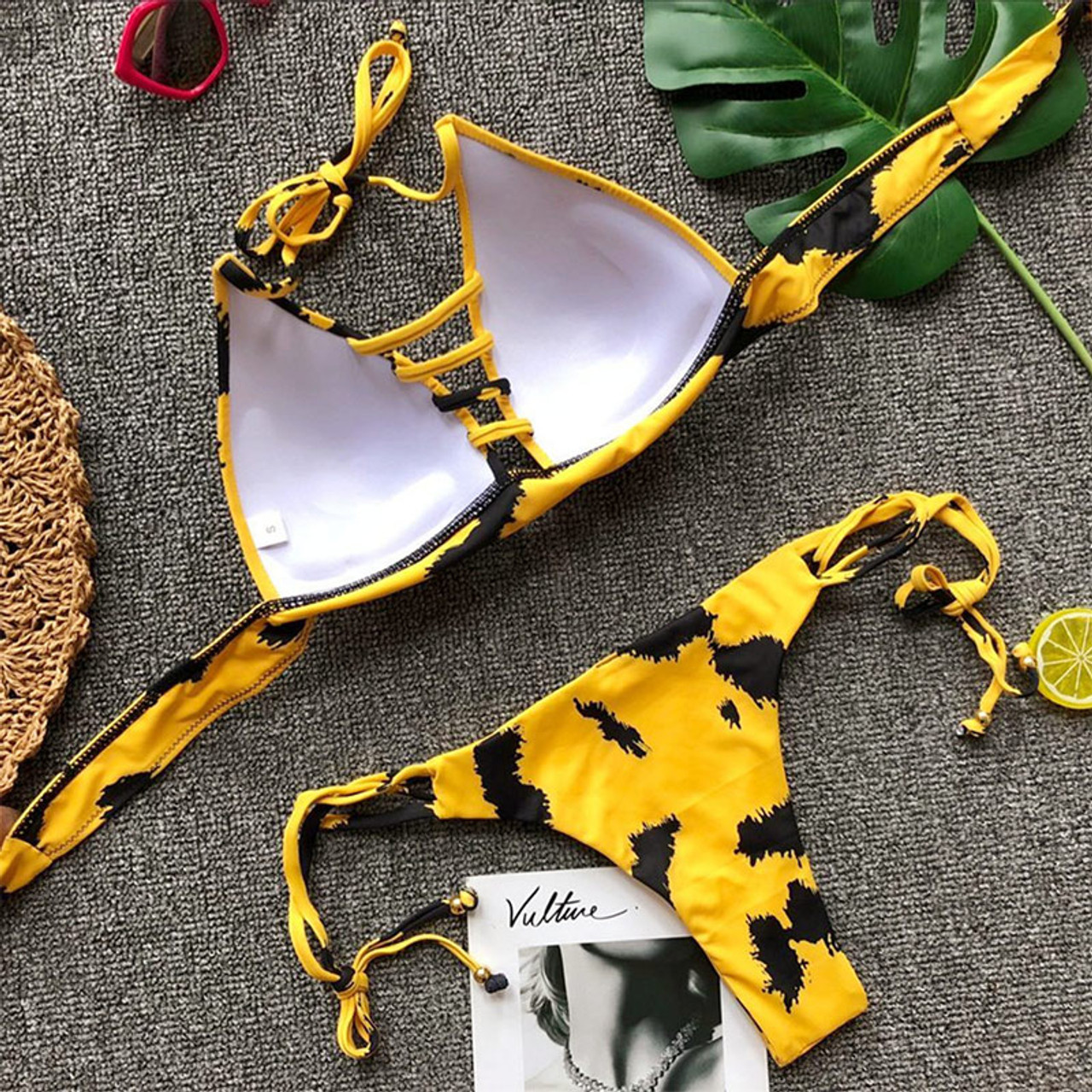 Leopard Print Bandage Bikini Set 2018 Yellow Swimsuit Female Sexy Biquini Brazilian Bikini Push