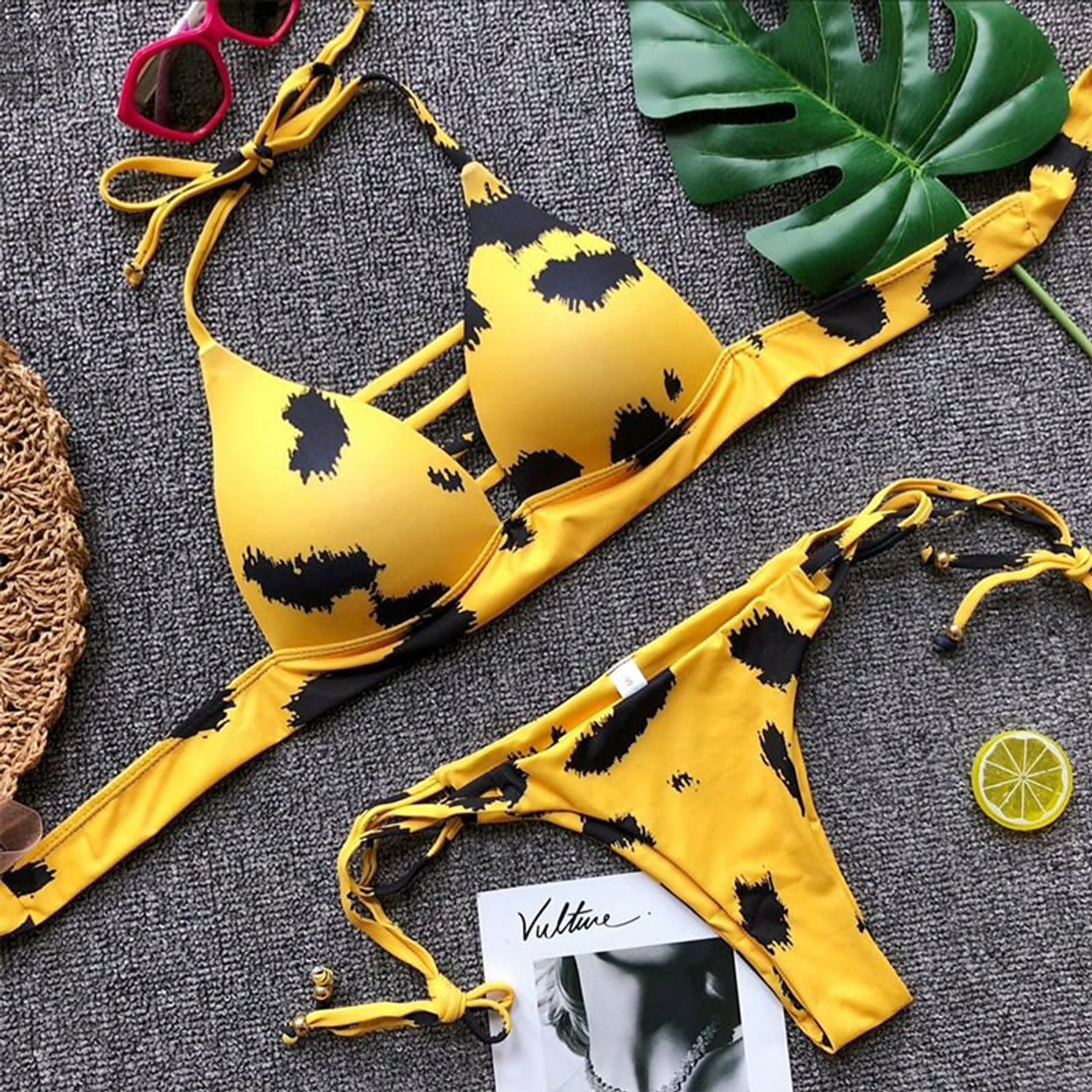 Leopard Print Bandage Bikini Set 2018 Yellow Swimsuit Female Sexy Biquini Brazilian Bikini Push