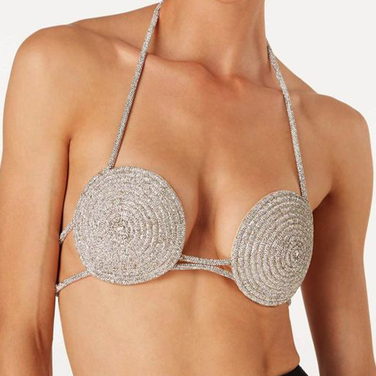 Round Crystal Bikini Top Cover Chest Body Chain For Women Shiny