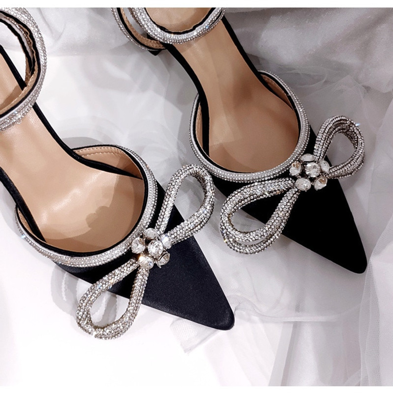 Runway style Glitter Rhinestones Women Pumps Crystal bowknot Satin Summer  Lady Shoes Genuine leather High heels Party Prom Shoes