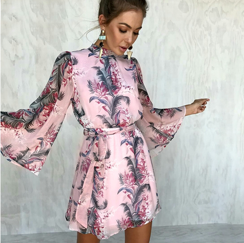 Floral print backless sexy dress women Elegant flare sleeve chiffon mini dress Summer casual beach short dress 2018 new Floral print backless sexy dress women Elegant flare sleeve chiffon mini dress Summer casual beach short dress 2018 new