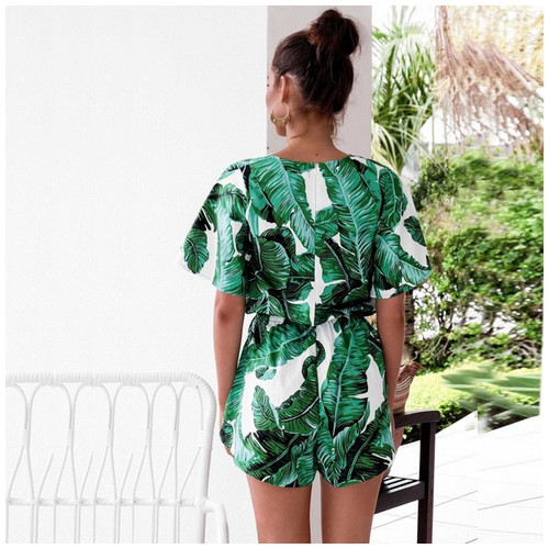 Green Leaves Tropical Print Playsuit Women Boot Cut Flare Sleeves ...