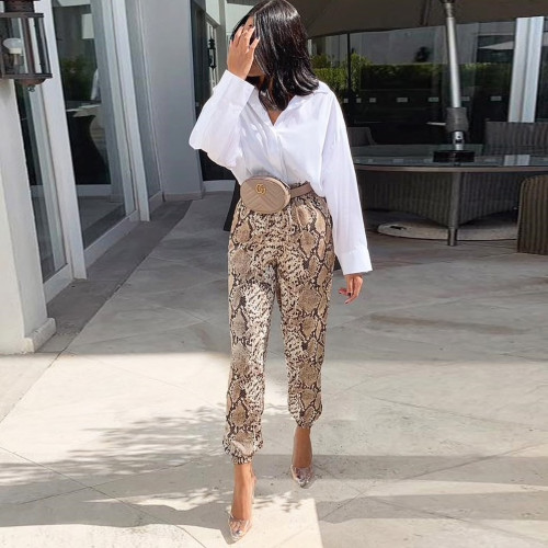 Women Animal Pattern Trouser Casual Snake Skin Printed Harem Pants Elastic pleated female casual ankle length trousers Women Animal Pattern Trouser Casual Snake Skin Printed Harem Pants Elastic pleated female casual ankle length trousers