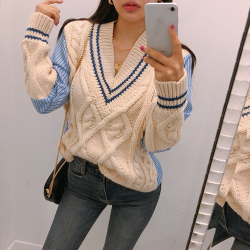 Patchwork Hit Color Sweater For Women V Neck Long Sleeve Korean Oversized Pullovers Female Fashion Autumn 2019 New Patchwork Hit Color Sweater For Women V Neck Long Sleeve Korean Oversized Pullovers Female Fashion Autumn 2019 New