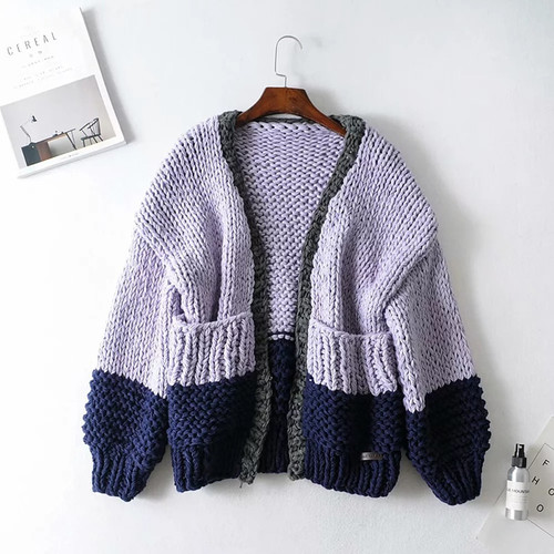 Patchwork Hit Color Knitting Sweater For Women Cardigan Lantern Sleeve Casual Autumn Sweaters Female 2020 Fashion New Purple Patchwork Hit Color Knitting Sweater For Women Cardigan Lantern Sleeve Casual Autumn Sweaters Female 2020 Fashion New Purple