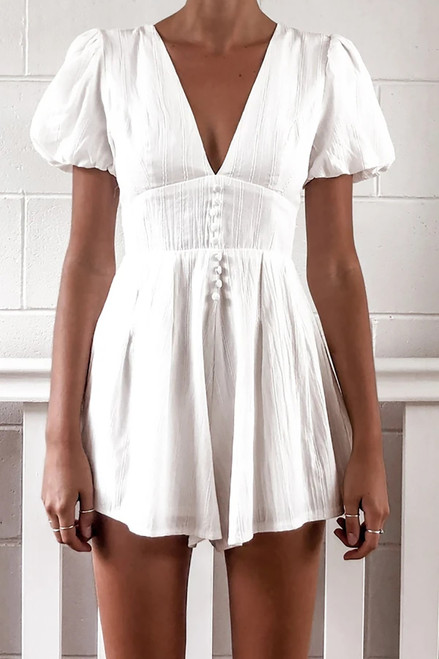 Button Cotton Short Puff Sleeve Summer Playsuit Sexy Deep V Neck Crop Top Rompers Womens Jumpsuit Bodysuit One-piece Button Cotton Short Puff Sleeve Summer Playsuit Sexy Deep V Neck Crop Top Rompers Womens Jumpsuit Bodysuit One-piece