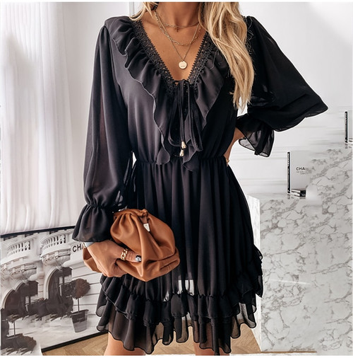 Black Lace Splice V-neck Ruffle Dress Women Elastic Waist Lace Up Mini Party Dress Fashion Ladies Casual Vestidos Black Lace Splice V-neck Ruffle Dress Women Elastic Waist Lace Up Mini Party Dress Fashion Ladies Casual Vestidos