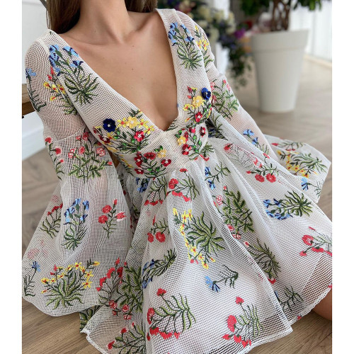 Brand Women New Fashion Mesh Flowers Embroidery Summer Dress Ladies O Neck  Vintage Mini Dresses Vestidos Female Clothing