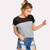 Contrast Mesh Yoke Heather Knit Tee Round Neck Short Sleeve Casual T-shirt 2018 Summer Roll Up Sleeve Colorblock Top