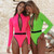Sexy Zipper One Piece Swimsuit Neon Long Sleeve Sports Swimwear Women Belt Bodysuits Monokini High cut Bathing suit New 2020