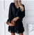 Black Lace Splice V-neck Ruffle Dress Women Elastic Waist Lace Up Mini Party Dress Fashion Ladies Casual Vestidos