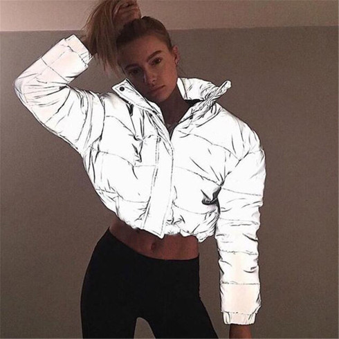 Reflective Glow Jacket, winter women fashion Reflector Cotton-padded jacket  high waist zipper fly pockets female casual thick warm clothing