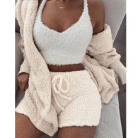 Autumn Winter Suit Long Sleeve Loose Coat +Shorts Suit Woman Oversize Cardigan+Drawstring Shorts 2 Piece Set