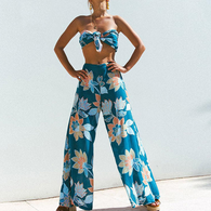 Blue Tropical Floral Print Jumpsuit Elegant Off Shoulder 2 Piece Romper Womens Summer Boho Wide Leg Cool Beach Overalls