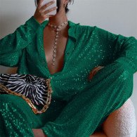 Sparkly Two-piece Set Party Outfits For Womens Sequin Top Blouse Shirt And Pants Suit Female Luxury Evening Tracksuit New Green