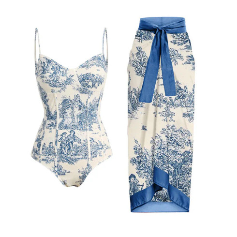 2023 Sexy One Piece Swimsuit Skirt Summer Women Halter 3D Flower Print ...