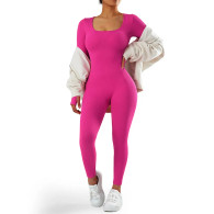 Long Sleeve Jumpsuit Women Bodycon One-piece Outfit Jumpsuit Square Neck Casual Streetwear Rompers Overalls playsuits Bodysuit Pink