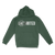 Relaxed-fit Independent IND4000 hoodie in rich alpine green displayed front-on with faith-based Uncharted chest hit in rugged distressed white ink declaring adventure into the unknown