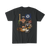 Soft black customizable t-shirt blank shown with fun, detailed podcaster-style caricature design including tech, guitar, and team spirit elements – ideal canvas for your own prints