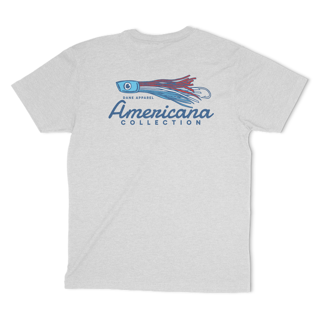 Men's ash gray patriotic fishing t-shirt with red white blue lure graphic - Hooked on Freedom Americana Collection back print