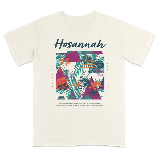 Premium Comfort Colors adult heavyweight t-shirt mockup in soft ivory with inspirational Hosanna Palm Sunday design and colorful botanical overlay