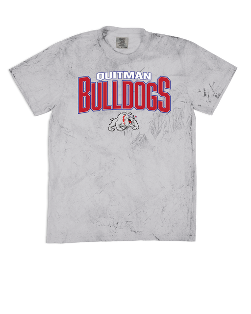 Men's distressed crimson Quitman Bulldogs t-shirt with cracked white lettering and black-white bulldog mascot